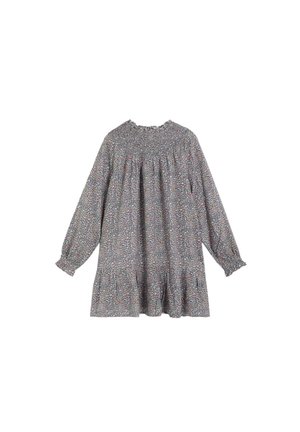 Vestido suelto de manga larga con cuello y bajo con volantes, con un pequeño estampado de leopardo multicolor sobre fondo gris.
