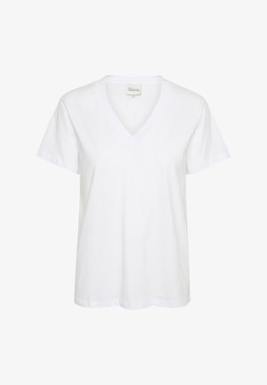 Tricou alb din bumbac cu decolteu în V și mâneci scurte. Prezintă o textură netedă și un design simplu, potrivit pentru ținute casual.