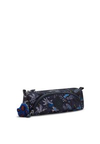 Astuccio nero con un motivo floreale nei toni del blu, verde e bianco, con chiusura a zip e un charm a forma di gorilla blu attaccato.