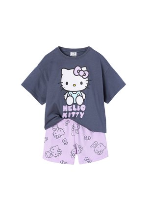 Children’s pajama set with a dark blue short-sleeve top featuring Hello Kitty graphic and light purple shorts patterned with Hello Kitty faces and bows.