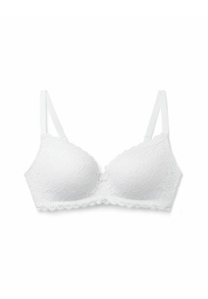 White lace bra with a scalloped trim, featuring a padded design and adjustable thin straps, showcasing a floral pattern.