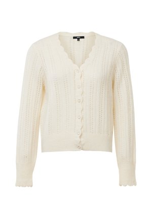 Crème cardigan gemaakt van gestructureerde gebreide stof. Kenmerkt zich door een golvende halslijn en mouwen, met knopen aan de voorkant en een geribde zoom.