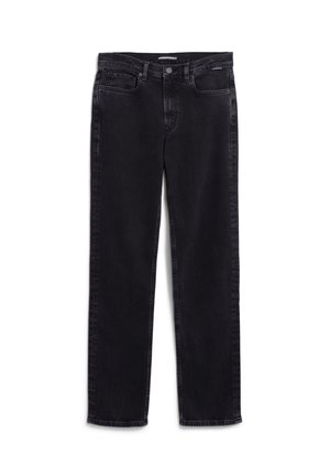 Schwarze Denim-Jeans mit geradem Bein, ausgestattet mit einem Knopfverschluss, vorderen Taschen und einer glatten Textur.