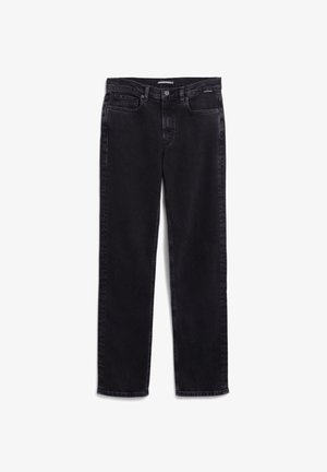 Black denim jeans with a straight leg design, featuring a button closure, front pockets, and a smooth texture.