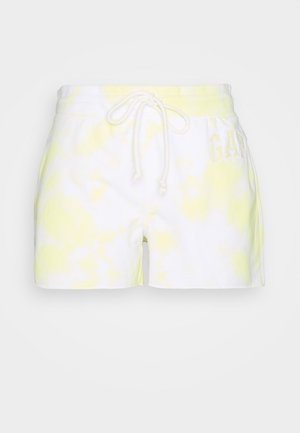 Pantalones cortos blancos con un patrón tie-dye en amarillo, que cuentan con una cintura ajustable con cordón y el logo "GAP" bordado en blanco en la parte delantera.