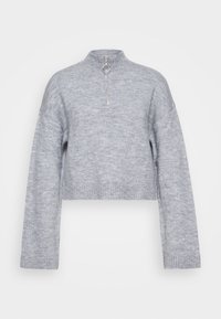 Szary krótki sweter, prążkowana tekstura, wysoka szyja z zamkiem, luźne rękawy, miękka tkanina, minimalistyczny design, odpowiedni do codziennego noszenia.