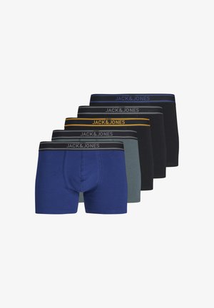 Five pairs of boxer briefs in blue, gray, and black. Features elastic waistbands with logos. Soft, stretchable fabric, fitted design.