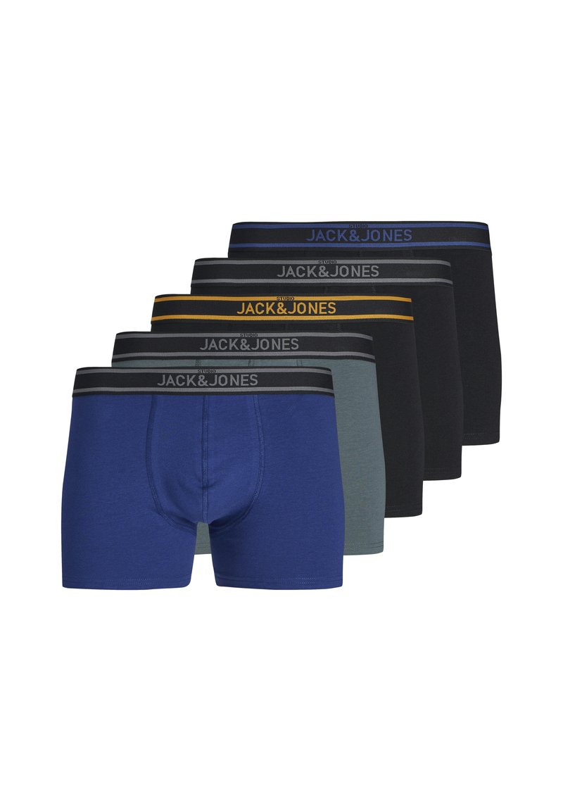 Vijf paar boxershorts in blauw, grijs en zwart. Voorzien van elastische taillebanden met logo's. Zacht, rekbaar materiaal en een aansluitend ontwerp.