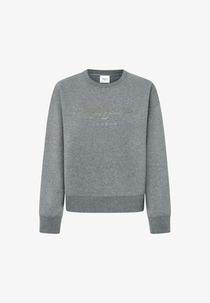 Šedá mikina s okrúhlym výstrihom, rebrovanými manžetami a spodným okrajom, a predným výšivkou v svetlejšej farbe s nápisom "Pepe Jeans London."