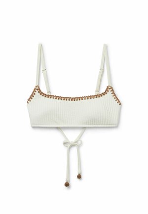 White textured bikini top with adjustable straps, featuring brown decorative accents along the top and a tie closure at the back.