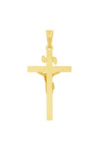 Pendentif croix en or avec une finition texturée, présentant une figure centrale. La boucle pour suspendre est intégrée en haut.