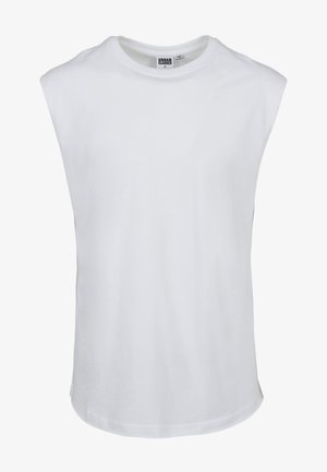 White sleeveless t-shirt made of cotton. Smooth texture with a round neckline and a straight hem. No graphics or additional details.