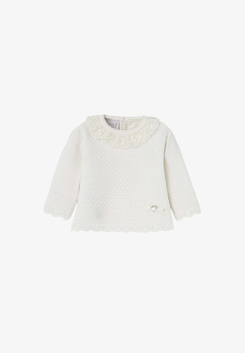 Pull en tricot blanc avec manches longues, motif texturé, ourlet festonné et col en dentelle. Présente un petit nœud décoratif avec un bijou.