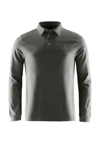 Pitkähihaisen polo-paidan tummanharmaasta kankaasta, jossa on napitettava kaulus ja pyöreä logo vasemmassa rinnassa. Sujuva tekstuuri.