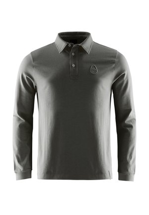 Långärmad polo-shirt i mörkgrått tyg, med en knappstängd halsöppning och en cirkulär logo på vänster bröst. Slät yta.
