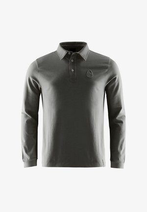 Langärmliges Polohemd aus dunkelgrauem Stoff, mit einer knöpfbaren halsöffnung und einem kreisförmigen Logo auf der linken Brust. Glatte Textur.