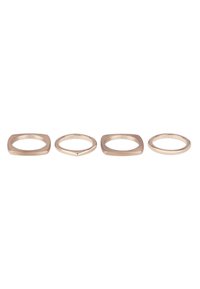 Set di quattro anelli in metallo color oro rosa. Presenta varie forme geometriche: quadrata, ovale e forme arrotondate con superficie liscia.