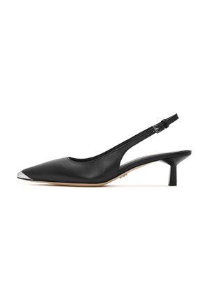 Black leather slingback shoe with pointed toe, silver-tone cap, low block heel, and an open back design. Smooth texture and minimal detailing.