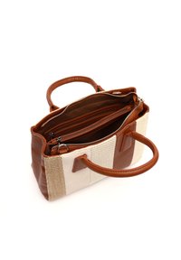 Borsa a tracolla in pelle marrone con dettagli in tessuto. Forma rettangolare, doppie maniglie, chiusura con cerniera e più scomparti interni.