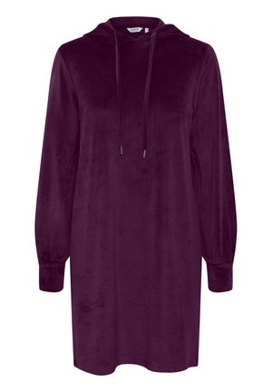 Lila Sweatshirtkleid aus weichem Stoff, mit Kapuze, Zugbändern und langen Ärmeln mit elastischen Bündchen. Helle, glatte Textur.