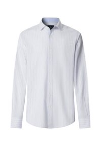 Hellblaues, langärmeliges Hemd mit weißen, dünnen vertikalen Streifen und klassischem Kragen.