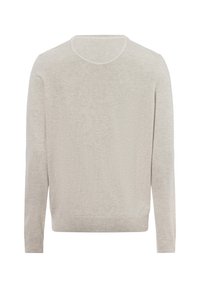 Helles beige Sweatshirt, lange Ärmel, Rundhalsausschnitt, aus weichem Strickmaterial gefertigt, mit glatter Textur und gerippten Ärmelbündchen und Saum.