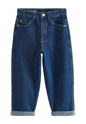 Mørkeblå denimjeans med opsmøgede manchetter, knapper foran, lynlås, bæltestropper og fem lommer.