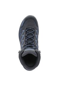 Schwarzer Wanderschuh mit einem Mesh-Obermaterial und blauen Akzenten, einer strukturierten Oberfläche, hellen Schnürsenkeln und einem gepolsterten Kragen. Seitlicher Reißverschluss für einfaches An- und Ausziehen.