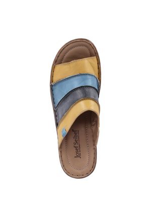 Jedna otwarta sandał z paskami z żółtej, niebieskiej i szarej skóry oraz wyściełaną brązową wkładką z nadrukiem "Josef Seibel".