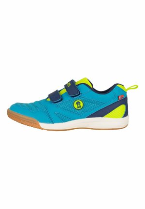 Blue and neon green child’s sneaker with two navy Velcro straps, a logo on the side, and a rubber sole, shown from the outer side.