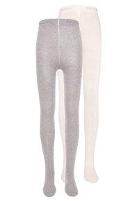 Collant grigi e bianchi realizzati in morbido materiale a maglia, caratterizzati da una superficie liscia e una cintura elastica con il logo "Ewers" sulla parte superiore.