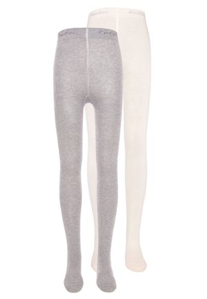 Graue und weiße Strumpfhosen aus weichem Strickmaterial, mit einer glatten Textur und einem elastischen Bündchen mit "Ewers"-Logo am oberen Rand.