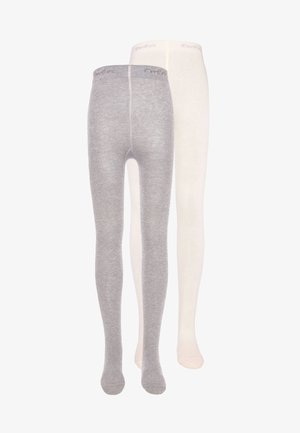 Medias grises y blancas confeccionadas en un suave material de punto, con una textura lisa y una cinturilla elástica que lleva el logo "Ewers" en la parte superior.