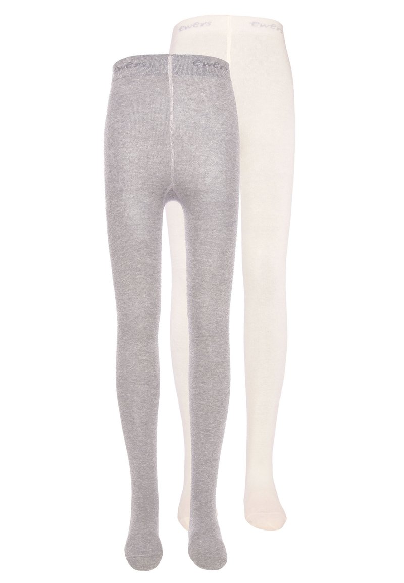 Collant grigi e bianchi realizzati in morbido materiale a maglia, caratterizzati da una superficie liscia e una cintura elastica con il logo "Ewers" sulla parte superiore.