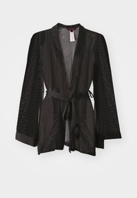 Crni prozirni kimono s dugim rukavima, V-izrezom i pojasom u struku. Ima glatku teksturu s suptilnim uzorkom.