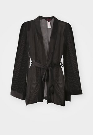 Kimono nero trasparente con maniche lunghe, scollo a V e cintura in vita. Presenta una texture liscia con un motivo sottile.