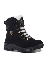 Bota de senderismo de ante negro con forro de pelo sintético blanco, ojales metálicos dorados y cordones negros. Presenta una suela de goma resistente y un lazo en el talón.