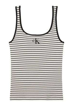 Balts bezroku krekls ar melnām horizontālām svītrām, melnu apmali un mazu melnu "ck Calvin Klein" logotipu, kas atrodas centrēti pie apkakles.
