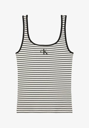 Hvid tanktop med sorte vandrette striber, sort kant og en lille sort "ck Calvin Klein"-logo centreret nær halsudskæringen.