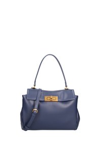 Borsa a mano in pelle blu navy con un design strutturato, manico superiore e tracolla removibile. Presenta un fermo in tonalità oro e una patta piatta.