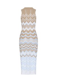Robe midi sans manches en maille avec motif zigzag beige, blanc et bleu clair, dotée d'une silhouette ajustée et d'un col rond.