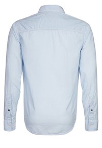 Ljusblå randig långärmad skjorta med vanlig krage, knappade manschetter och en slät tygstruktur. Bakifrån syns sömdetaljer.