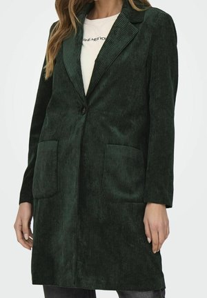 Kvinde iført mørkegrøn cordfløjl lang blazer med revers, forlommer, enkelt knap, over hvid skjorte med delvist synlig tekst.