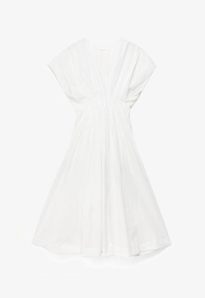 White midi dress with V-neck, short wide sleeves, and gathered waist, made from lightweight fabric.