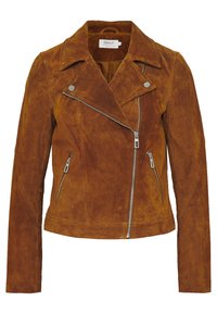 Braune Wildleder-Motorradjacke mit silbernem Reißverschluss und Druckknopfdetails, ausgestattet mit zwei seitlichen Reißverschluss-Taschen und einem Schalkragen-Design.