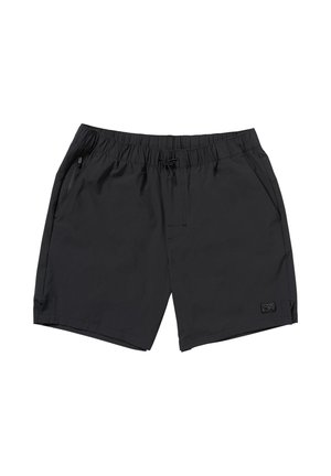 Bañador negro con cintura elástica, cierre con cordón, bolsillos laterales y un pequeño parche de logo en la parte inferior frontal.