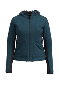 Capuchonjack in teal met een doorgestikte voorkant, contrasterende zwarte zijpanelen en oranje trekkoorden. Voorzien van een volledige rits aan de voorkant en een gestructureerde stof.