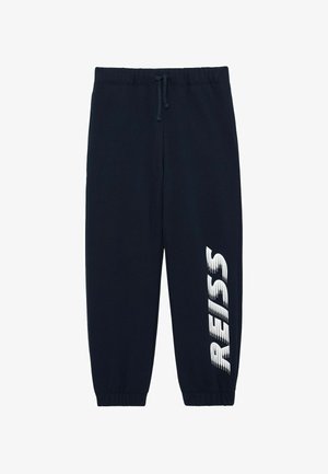 Pantaloni jogger bleumarin cu talie elastică, șnur reglabil și text alb "RISS" imprimat vertical pe piciorul stâng.