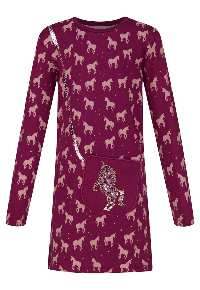 Bordové šaty s dlouhým rukávem, které mají opakující se vzor růžových jednorožců a zlaté hvězdy, s flitrovým detailem jednorožce na boční kapse.