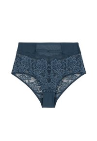 Culotte taille haute bleu marine avec un motif floral en dentelle complexe à l'avant, tissu lisse à l'arrière et accents en mesh.
